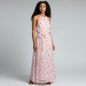 Lush Nordstrom Rack Romantic Flowy Flirty Blush Pink w/ Red Floral Maxi Dress M